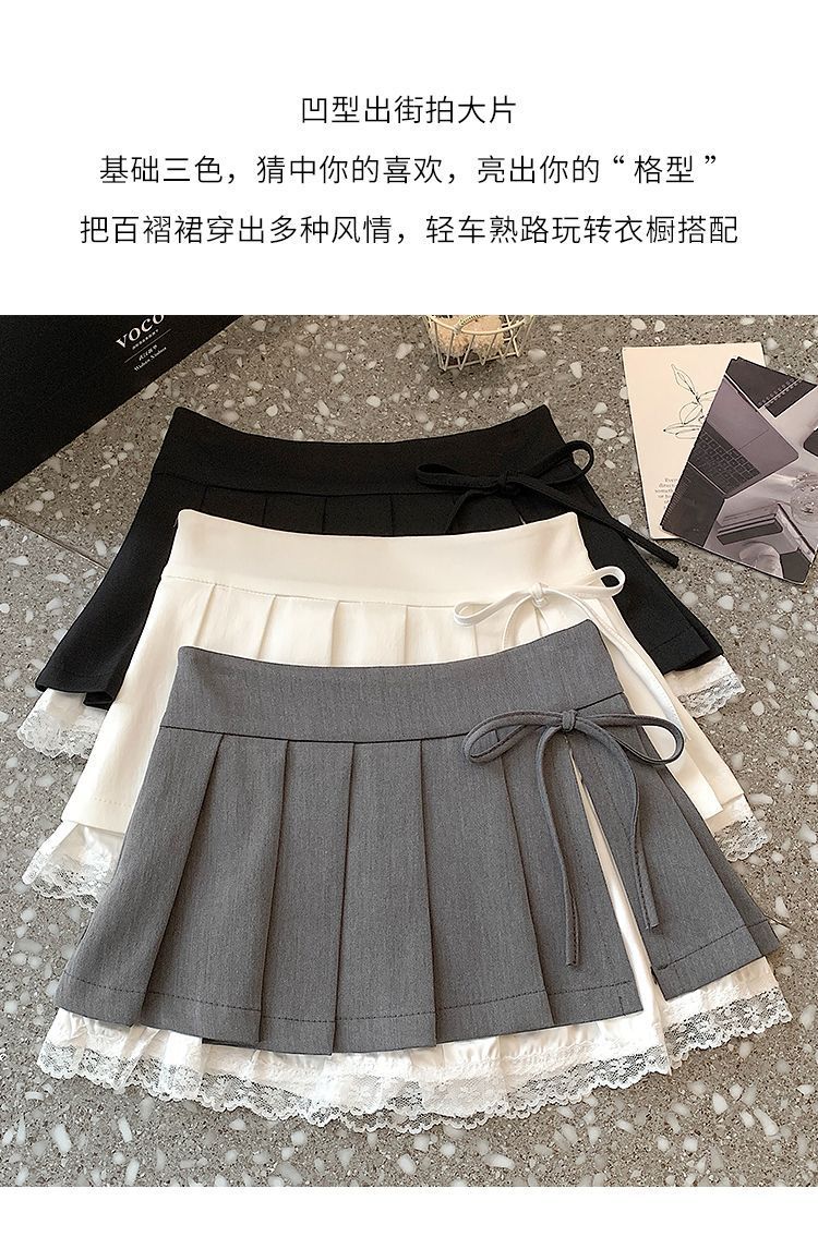 甜美纯欲风百褶半身裙女春夏新款蕾丝拼接蝴蝶结高腰防走光超短裙详情13