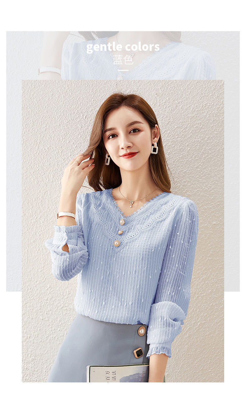 秋季新款长袖雪纺衫漂亮小衫气质上衣女蕾丝v领打底衫详情22