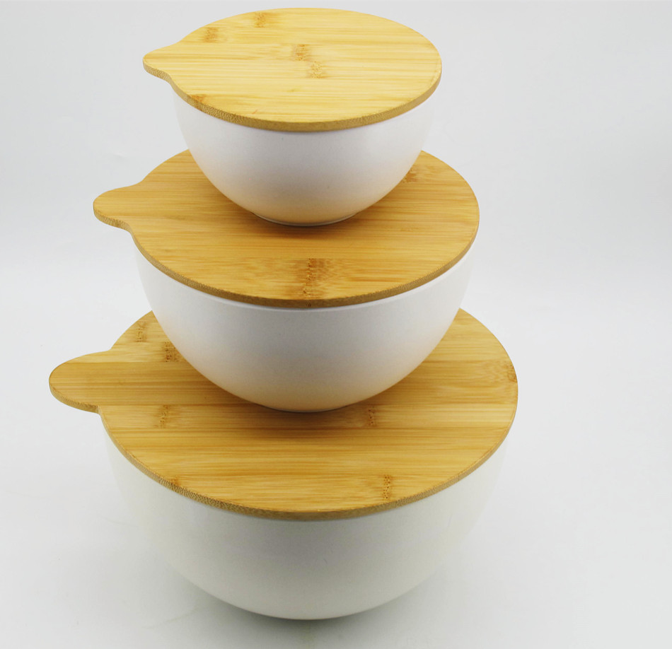 Three sets of bamboo fiber salad bowls, large, medium and small, with bamboo LIDS for fruit and vegetable salad snacks pic 8