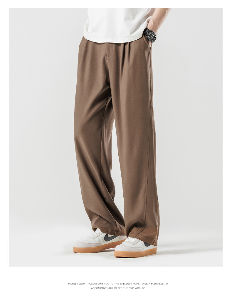 Drapeado casual traje pantalones hombre verano fino hielo seda suelto drapeado sentido marrón premium sentido recto pantalones largos pic 2