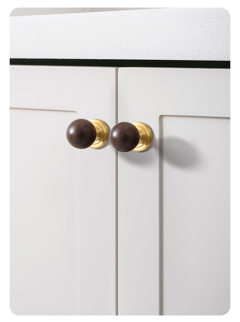 Factory wholesale of Chinese-style walnut wood wardrobe door handles, simple brass cabinet drawer furniture, and round ball handles pic 9