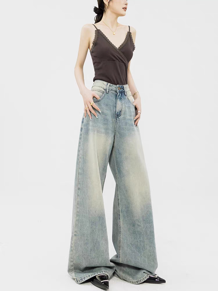 Custom-made retro light-colored straight-leg jeans with a high-waisted, loose design, floor-length wide-leg pants, suitable for all seasons pic 8