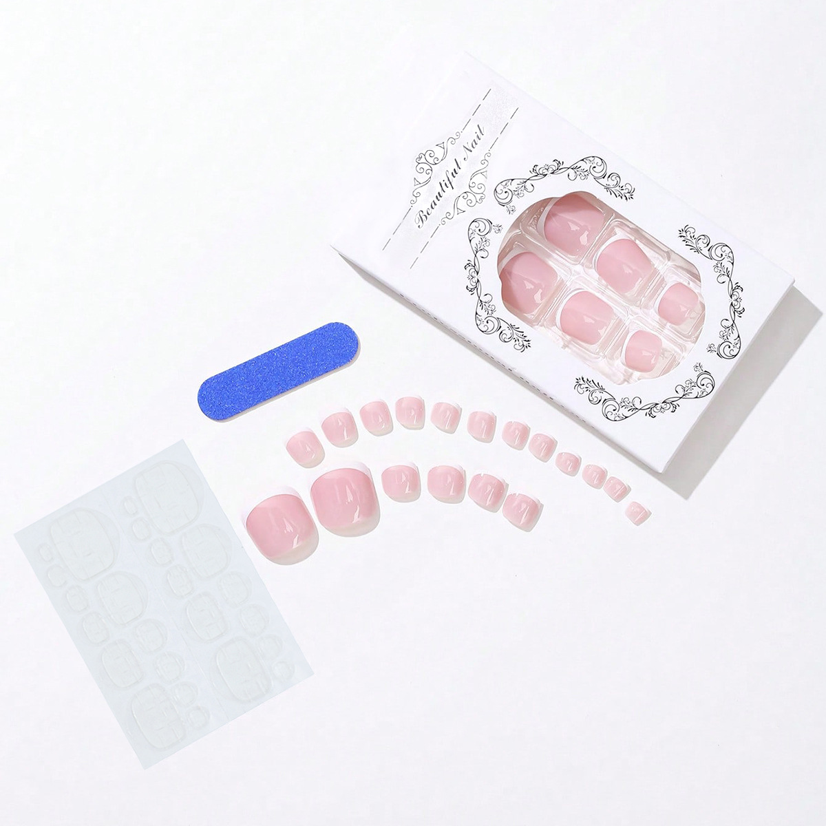 法式脚甲片白边简约粉色假趾甲纯欲风显白外贸穿戴美甲片美容护肤彩妆工具套装详情3