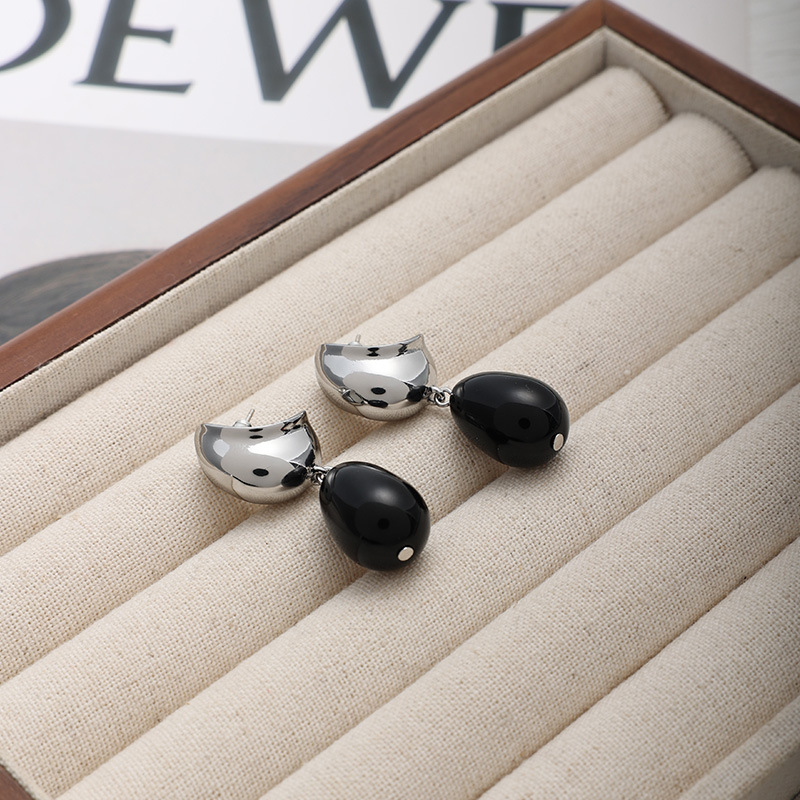 欧美小众复古黑玛瑙水滴项链耳环戒指女大号夸张黑色椭圆形耳钉详情7