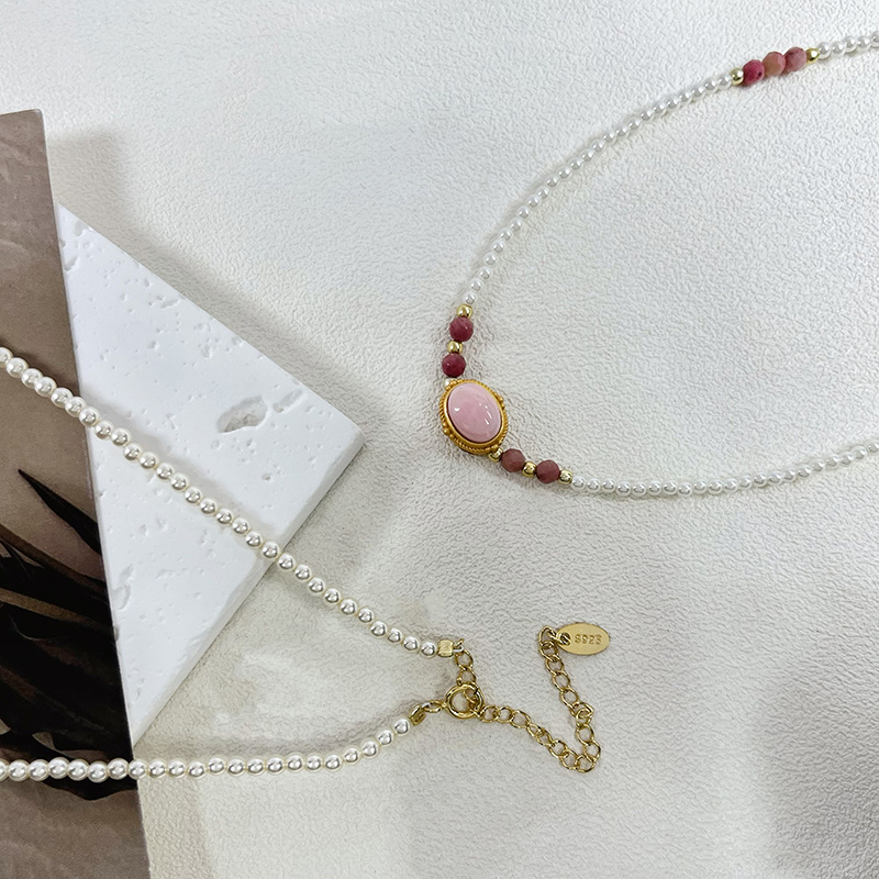 925纯银天然粉贝施家同款珍珠项链女小众高级感绿松石串珠锁骨链详情13