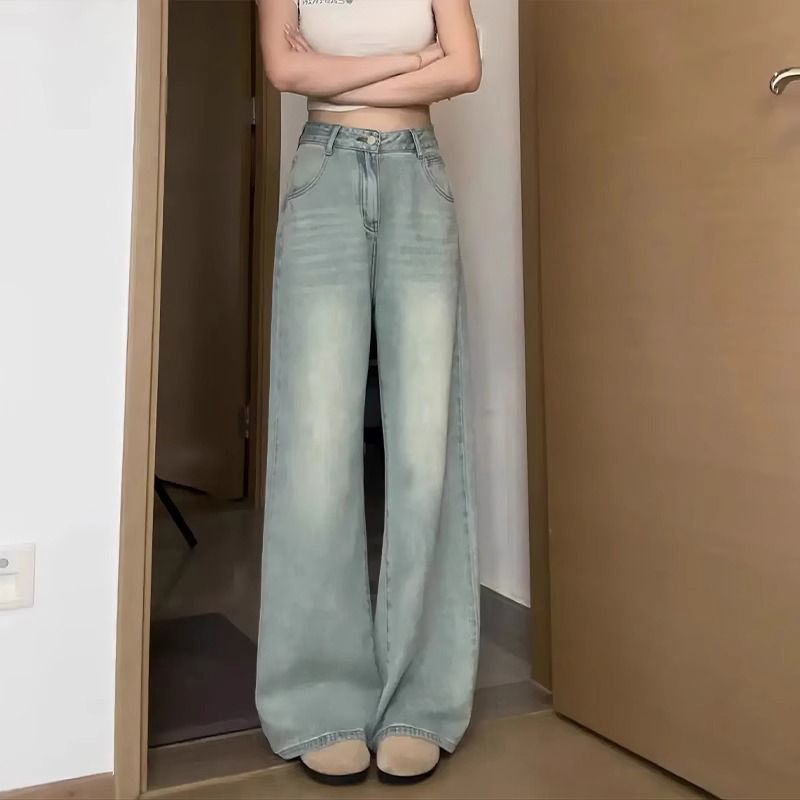 复古浅色阔腿牛仔裤女高腰2024年春秋新款宽松直筒拖地裤子女夏季详情3