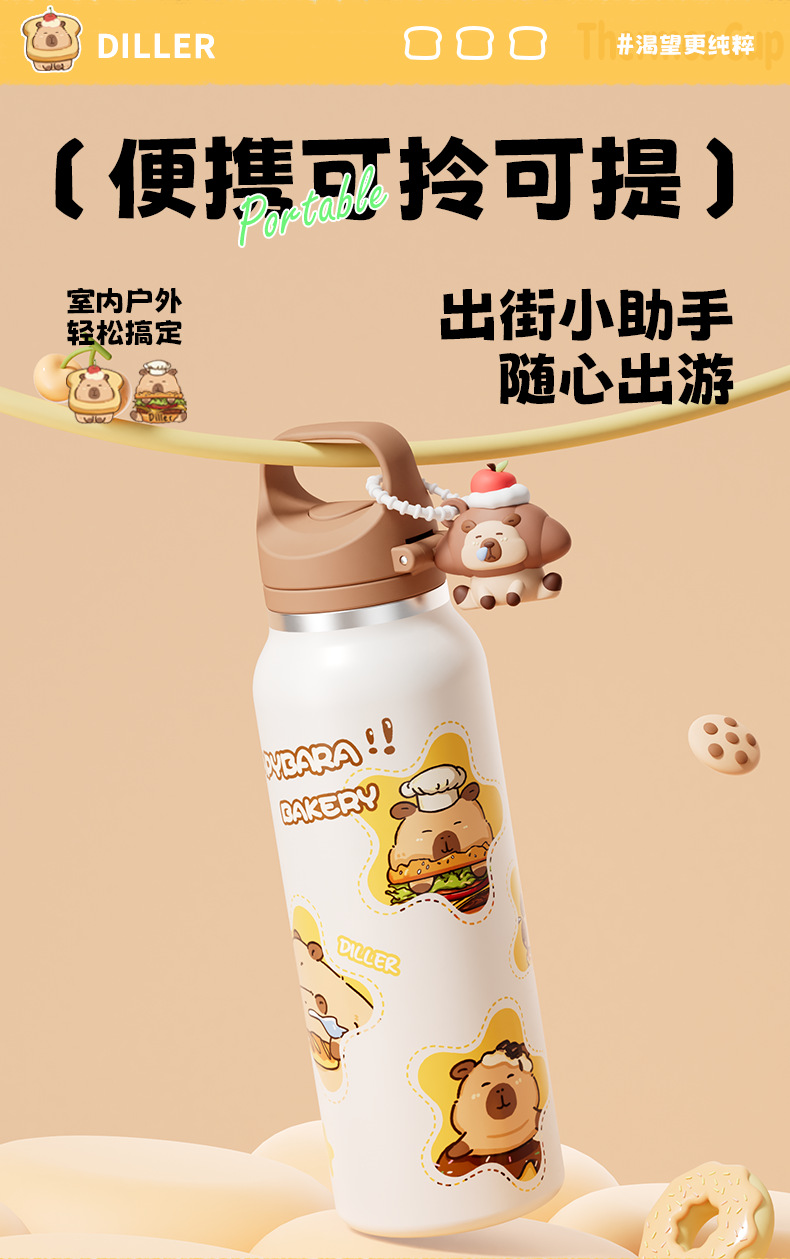 迪乐贝尔卡皮巴拉水杯学生儿童上学专用吸管杯大容量便携直身杯详情6