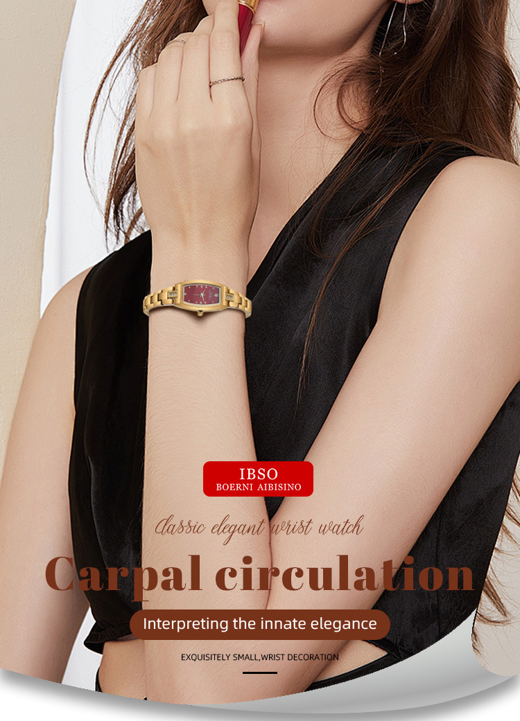 IBSO輕奢酒桶形女士石英表金色鑲鉆小表盤時尚簡約腕表詳情6