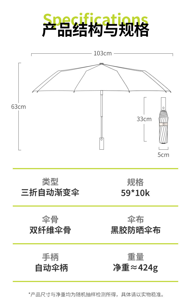 24骨雨伞全自动渐变折叠伞晴雨两用女雨伞加厚加大黑胶折叠伞详情16