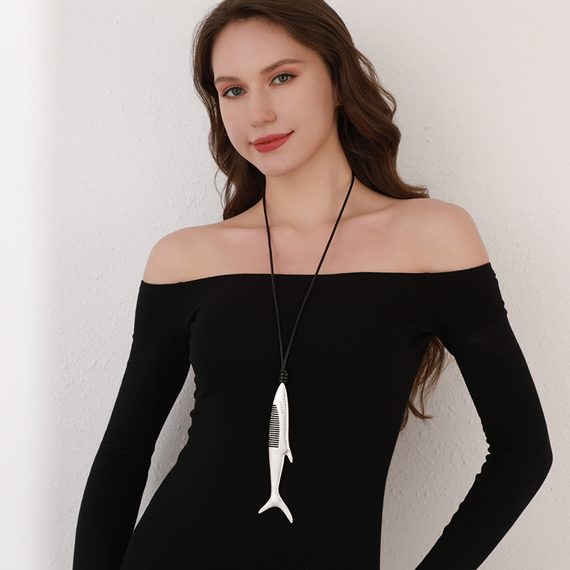 跨境亚马逊欧美定制长项链鱼形吊坠简约风独特设计毛衣链时尚饰品详情5