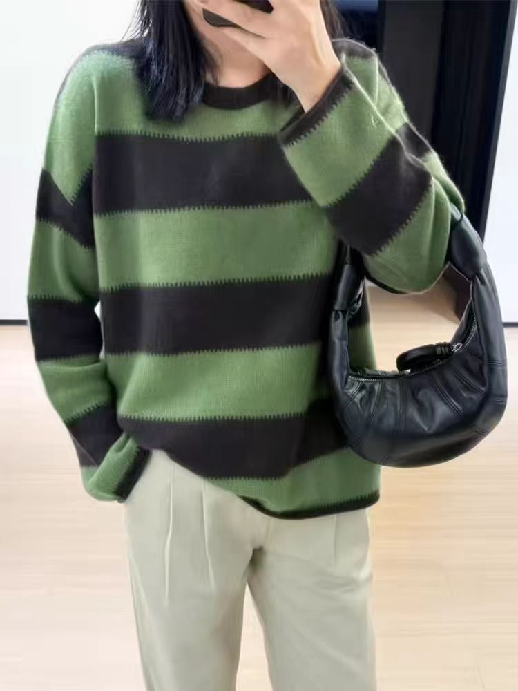 羊毛敲级绒感配色圆领毛衣圆领上衣宽松针织衫羊毛衫女澳洲绿色详情11