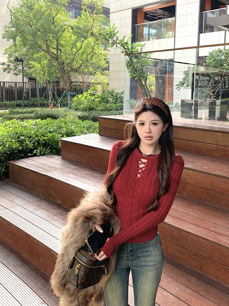白色圆领镂空针织衫女秋冬修身长袖麻花毛衣打底内搭辣妹紧身上衣详情31