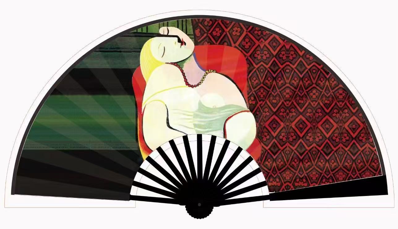 New oil painting series festival folding fans, popular hand fans in Europe and America, large fans, double-sided landscape printed fans pic 18