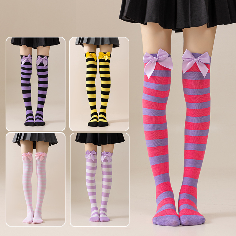 New European and American Halloween and Christmas knee-high socks, single-color striped thigh-high socks with bows, available in multiple colors pic 1
