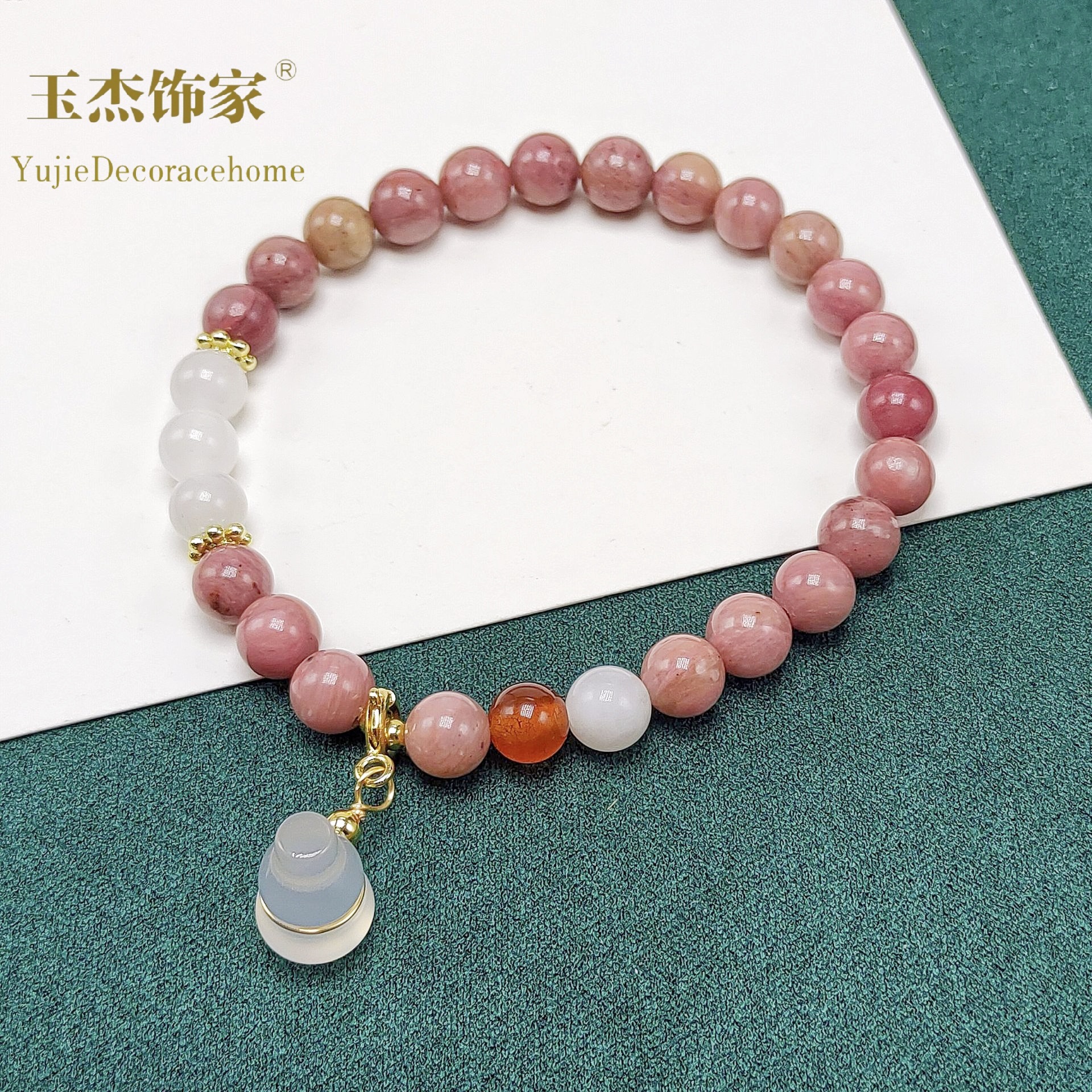 Double-ring natural stone bracelet, red wood grain stone with rose crystal lotus pod and pink rose. Red pattern stone bracelet for girls, with a sense of sophistication pic 14