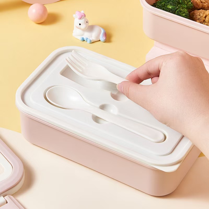 2025 New creative double-layer lunch box with spoon and fork, cartoon rectangular portable hand-held lunch box, large capacity lunch pic 3