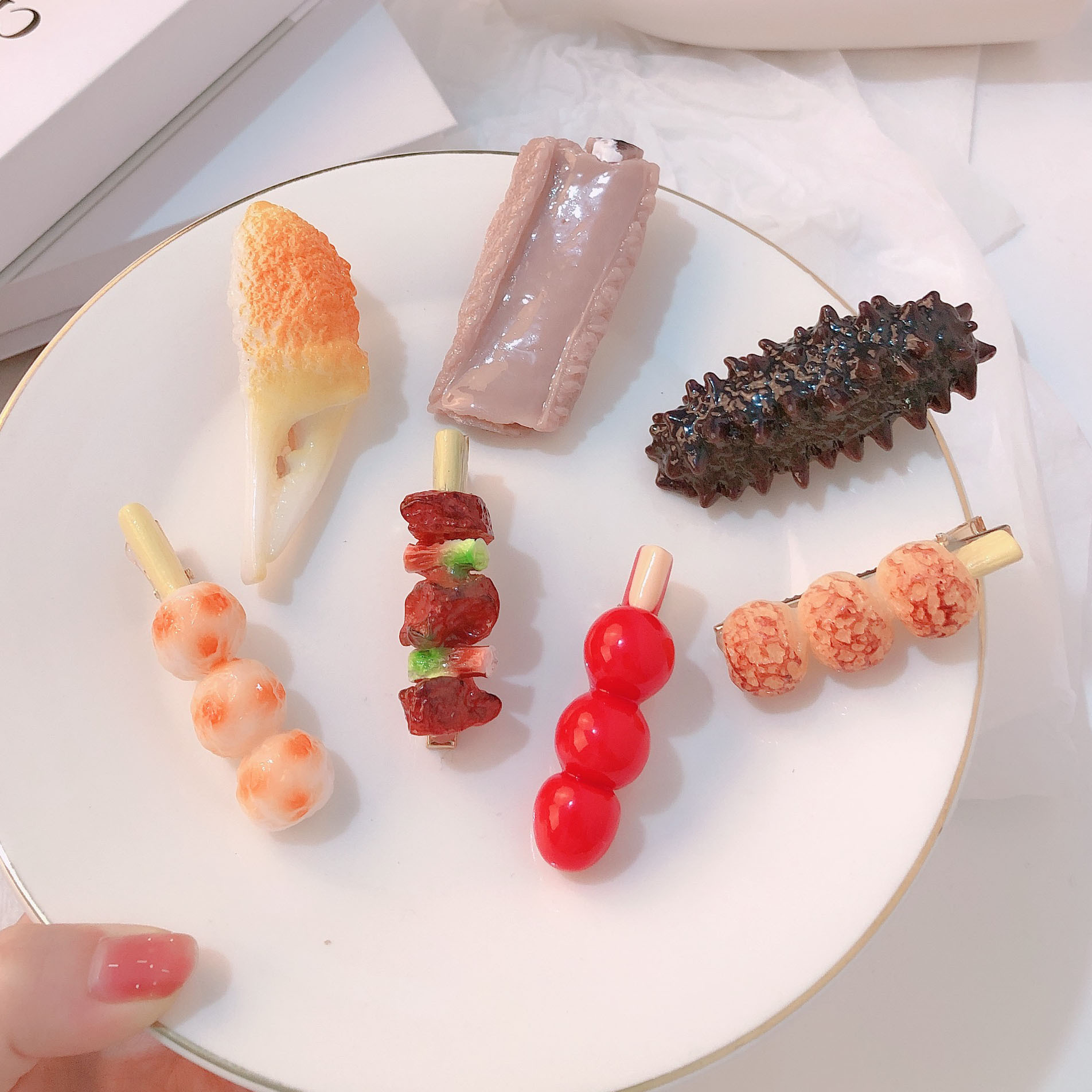 Fun ribs, simulated food, crab claws, funny grilled meat, hair clips, sea cucumber, creative side clips, sugar-coated haws, hair accessories pic 1