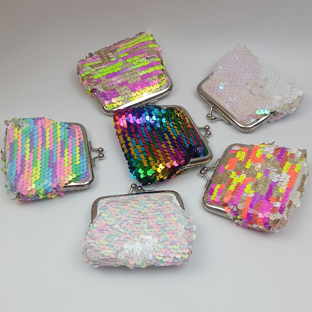 新款3寸双面彩虹亮片零钱包 硬币收纳包 铁扣夹子包 幻彩鱼麟片包详情5