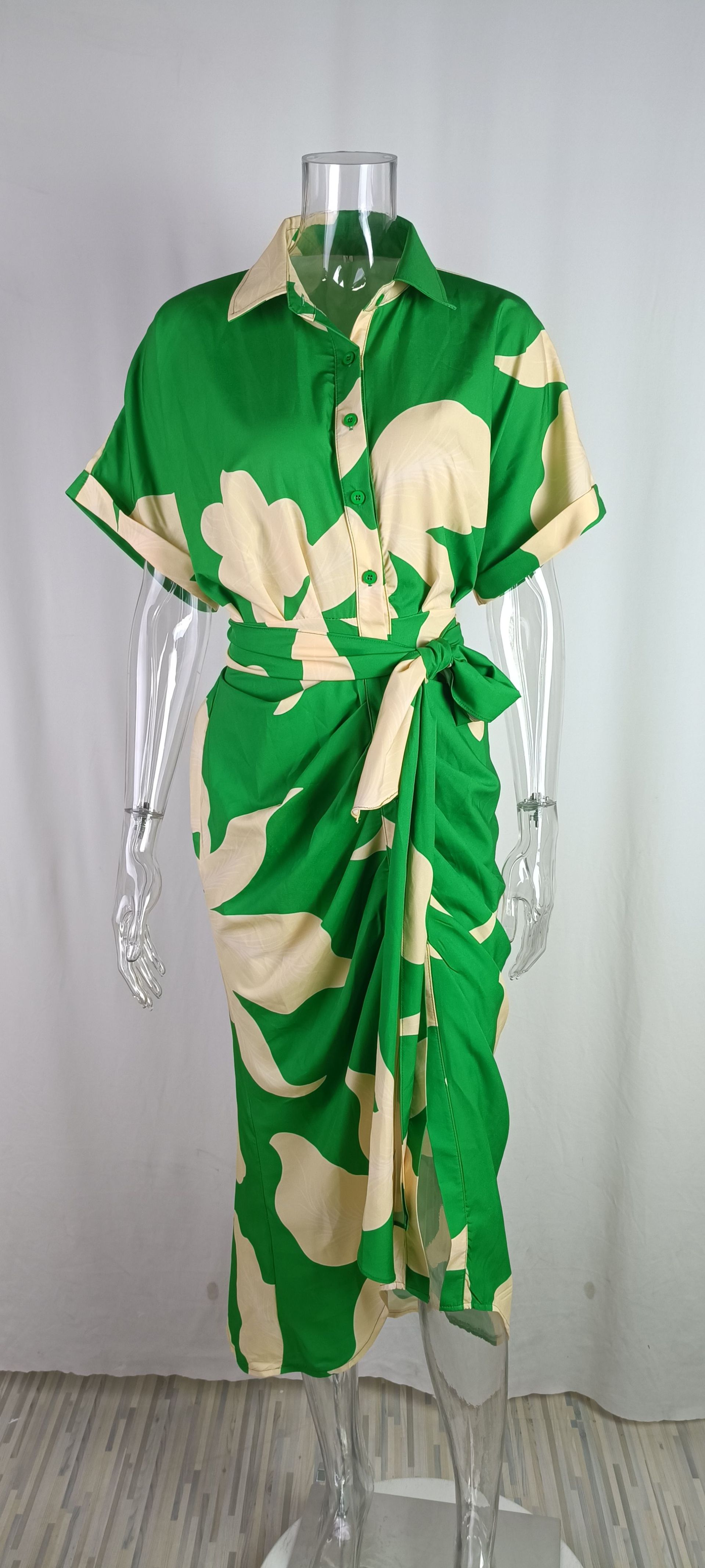 Printed Lapel Short-Sleeved High-Waisted Long Shirt Dress详情8