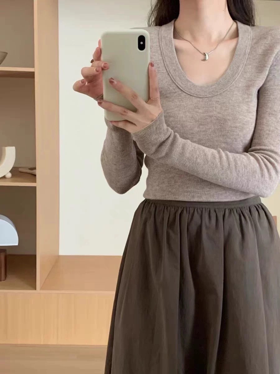 早秋新款100羊毛U领韩系纯色时尚简约针织弹力打底衫百搭女毛衣潮详情25