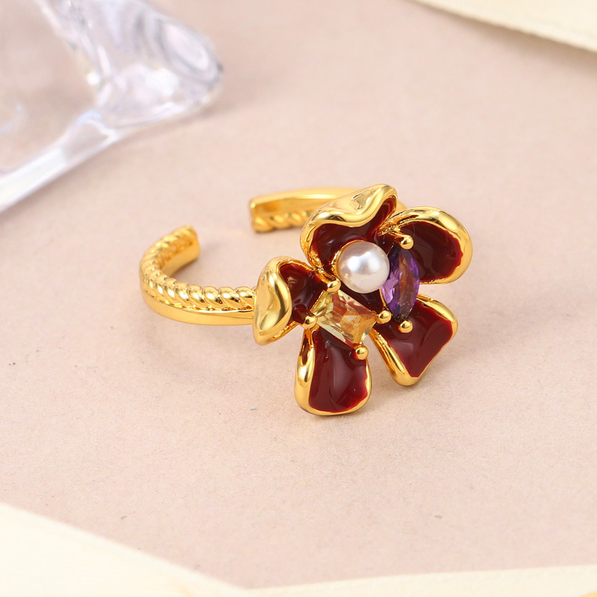 森系珐琅高级感锆石彩色戒指可调节小众设计不掉色花朵指环开口戒详情26