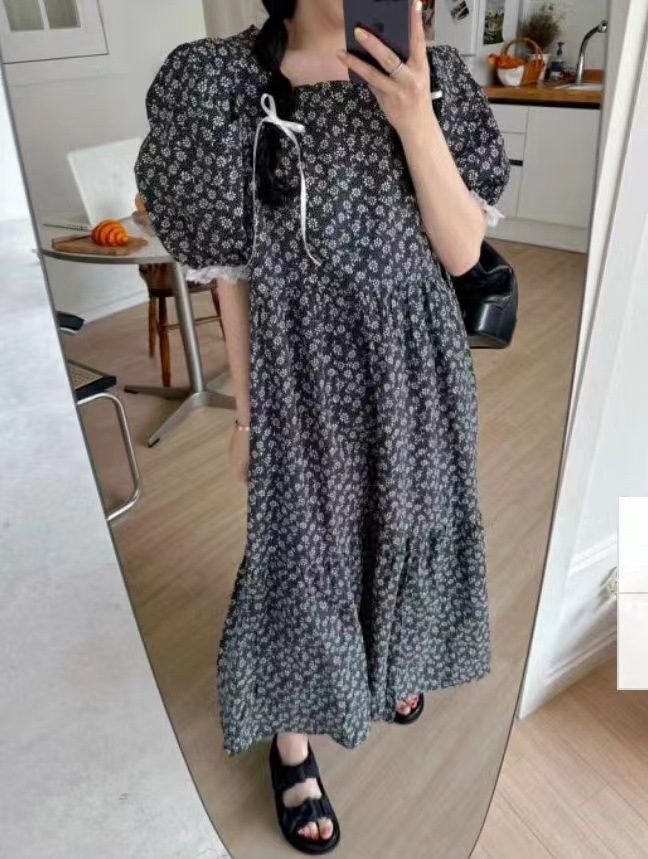 韩国东大门2023夏季新款时尚碎花蕾丝拼接圆领长款休闲连衣裙女详情9