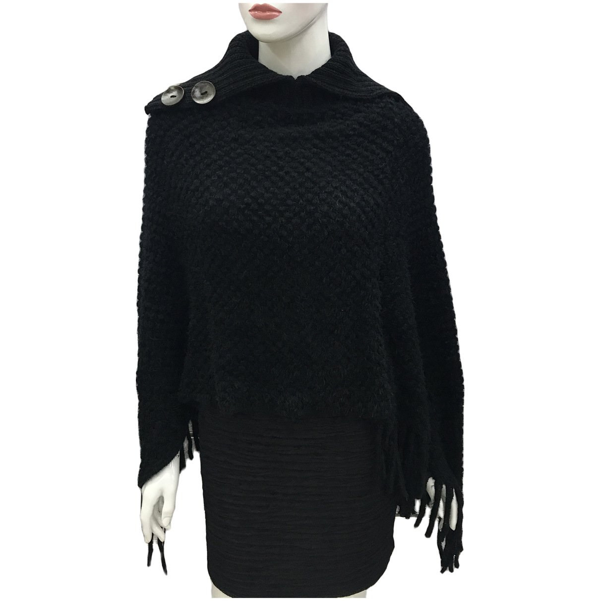 秋冬新款高领纽扣流苏女款斗篷披肩冬季保暖斗篷欧美时尚针织衫详情30