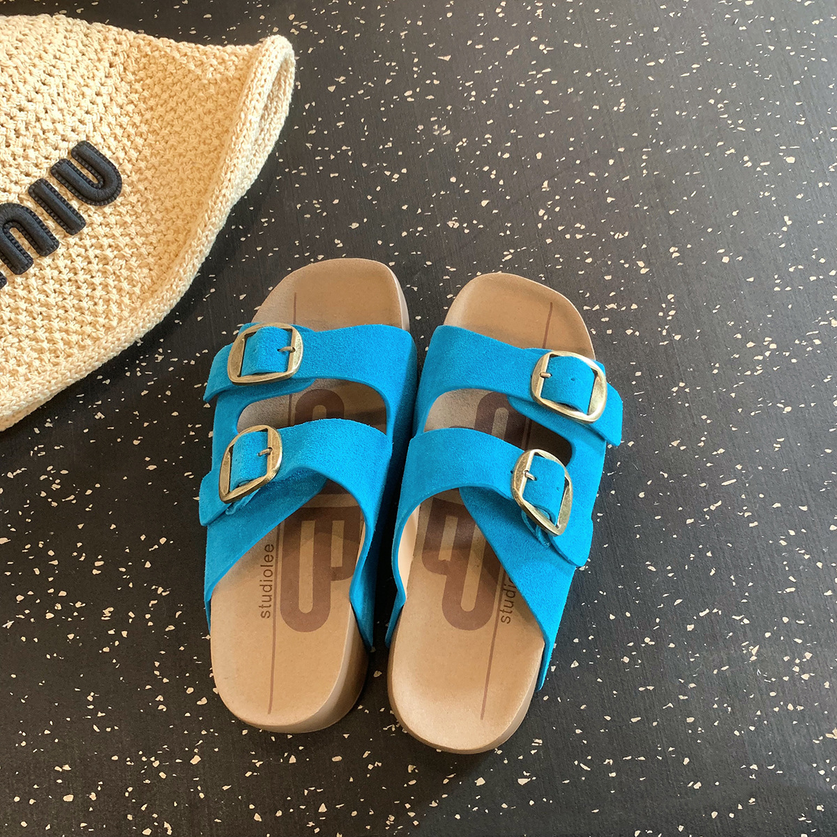 葡萄妈同款~ 真皮牛纹双扣带4.5cm厚底百搭懒人一脚蹬凉拖鞋女夏详情9