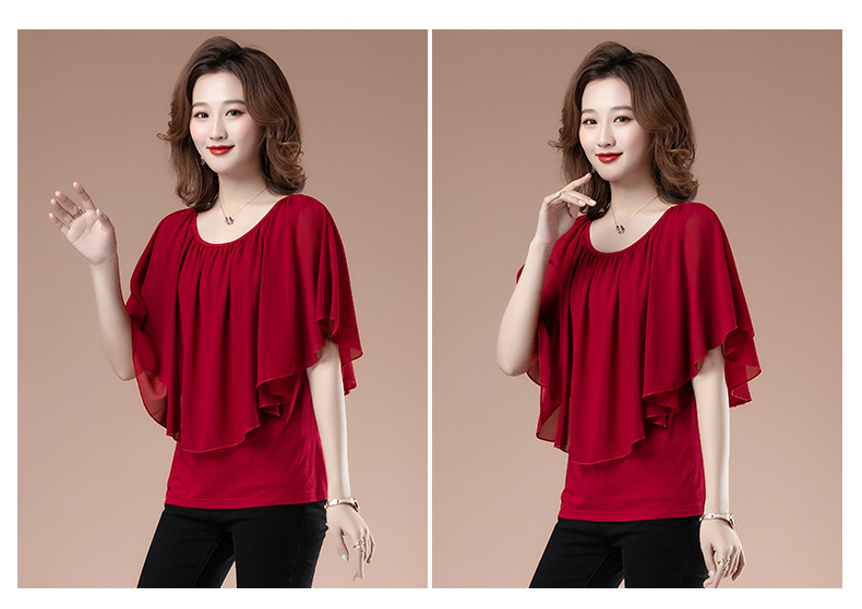 Loose to cover the belly 蝙蝠衫 short-sleeved round-neck chiffon blouse for women in summer, plus-size T-shirt for middle-aged mothers, and all-cotton T-shirt pic 11