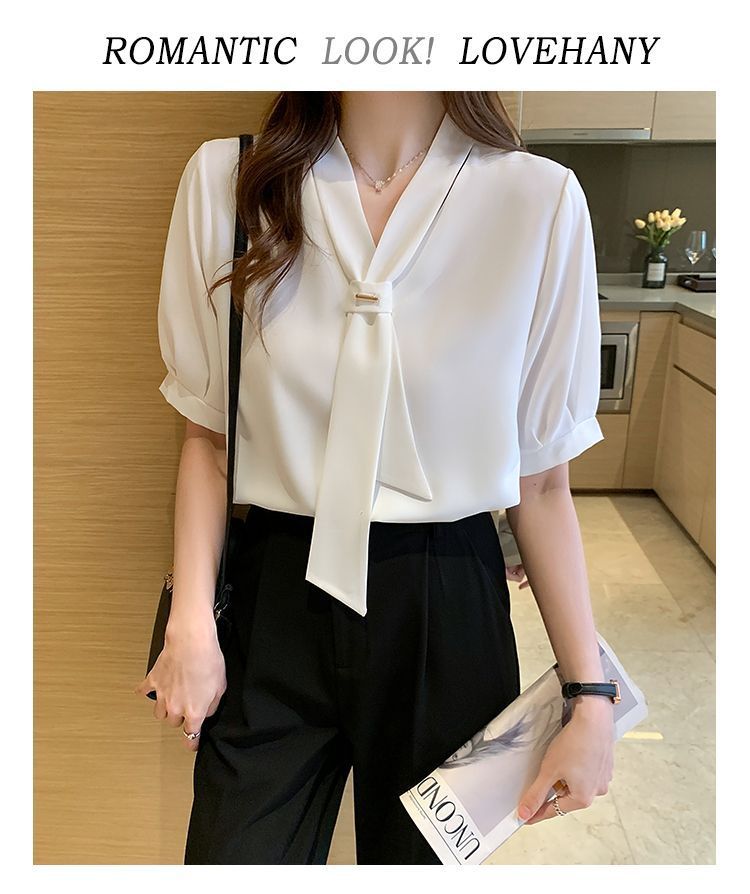 夏季短袖衬衫女装2024夏季新款气质蝴蝶结职业白领工作服短袖衬衣1详情5