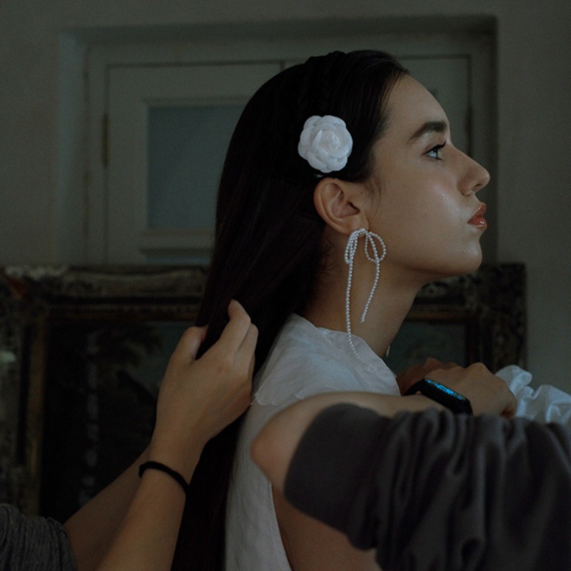 秋冬新手工编织款珍珠蝴蝶结耳钉女s925银针气质小众设计流苏耳环详情9