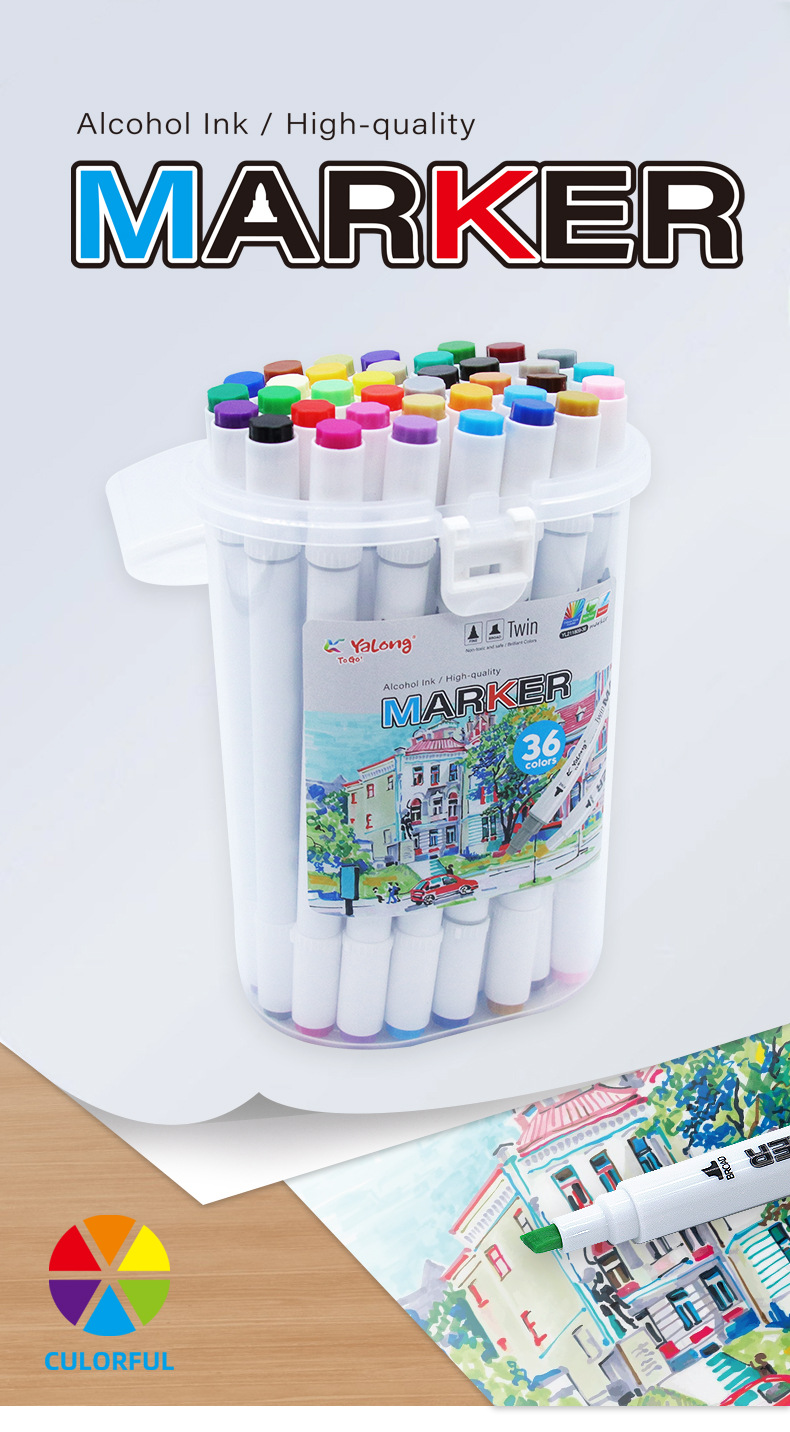 Yalong Cross-border 36-color Macadores alcohol ink marker, double-brush nib bucket smooth paint marker pic 1