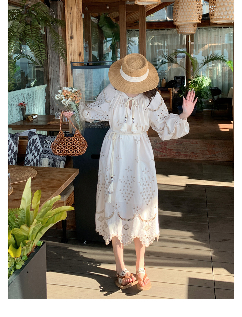 Real photo of a retro, gentle, cut-out embroidered V-neck apricot-colored dress, 2025 new seaside vacation style long-sleeved umbrella dress pic 9