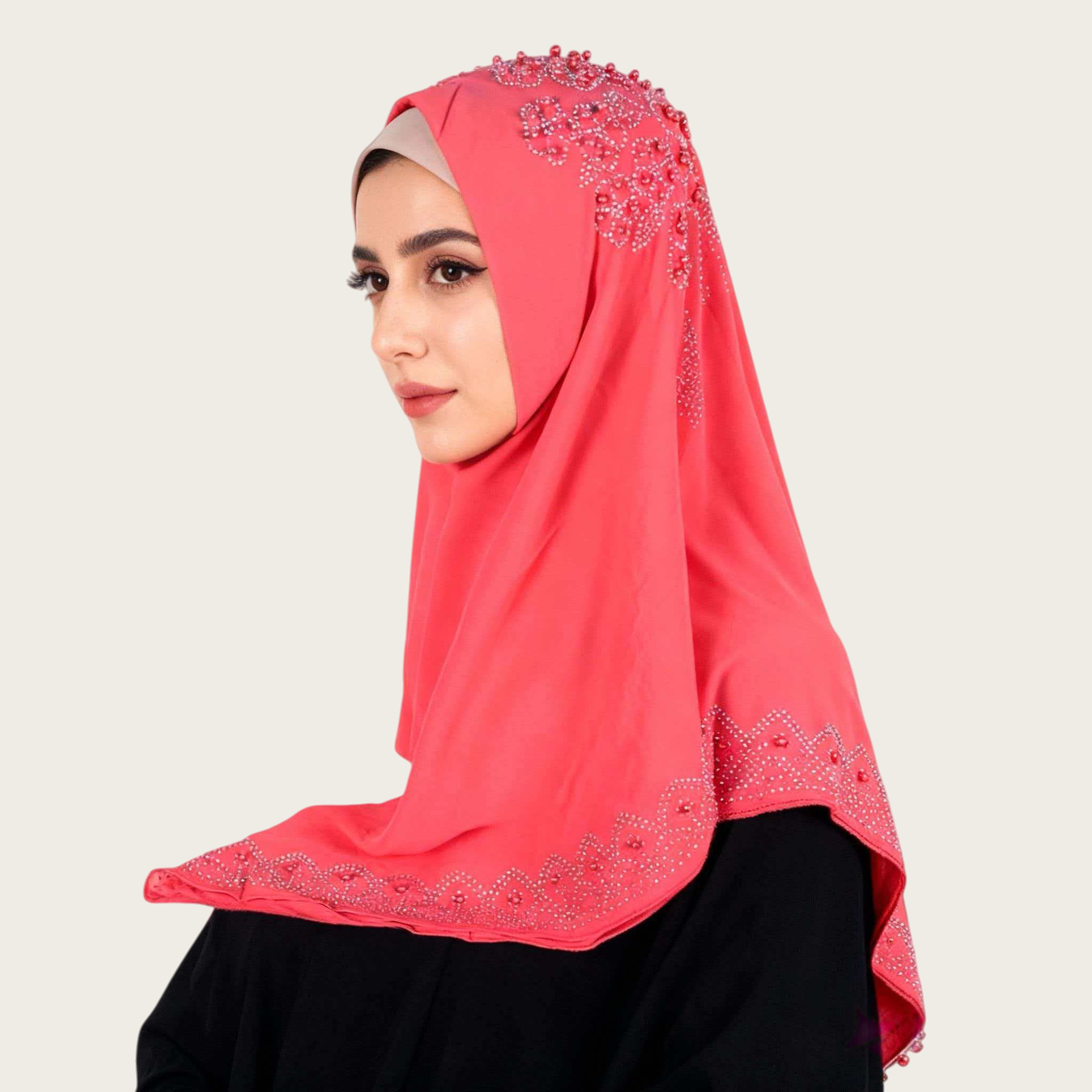 M145厂家烫钻妇女头巾民族风盖头珍珠雪纺围巾流行纱巾素色单色详情8