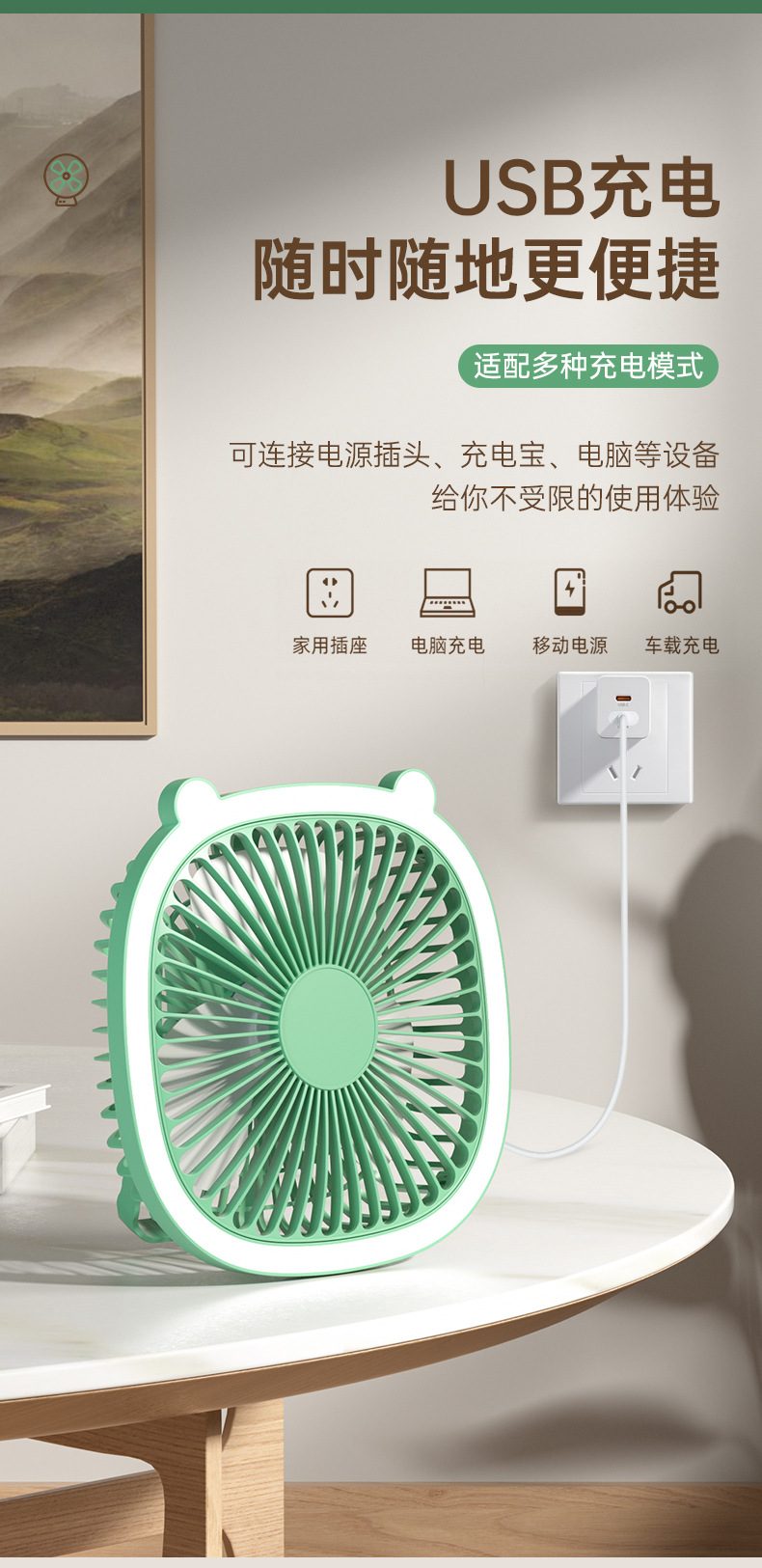 Desktop lamp lighting fan, home USB rechargeable wall-mounted electric fan, outdoor portable and suspended circulating fan pic 17