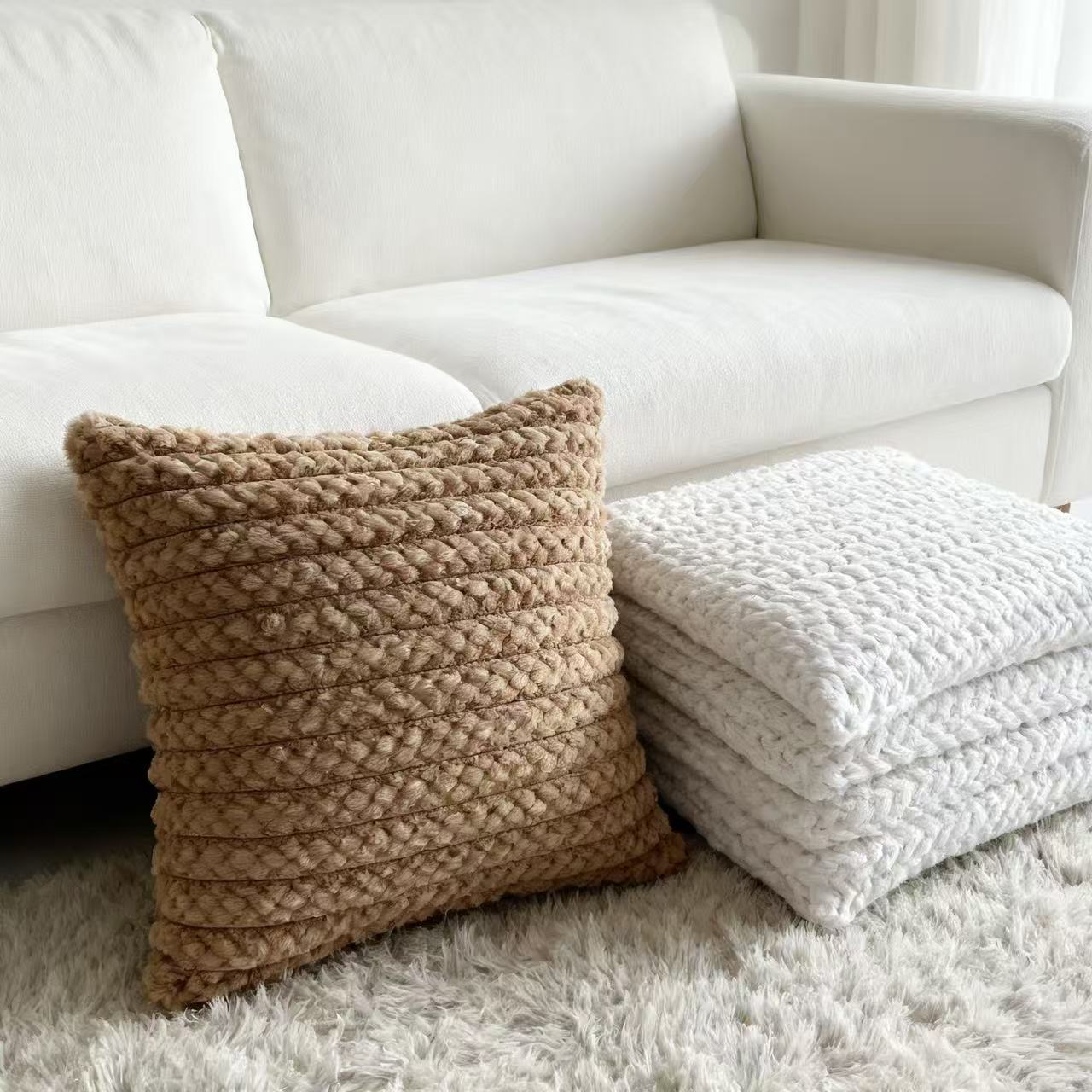 Cross-border Nordic minimalist rabbit fur striped brushed sofa pillowcase, light luxury bedroom soft and sticky cushion, home solid color cushion pic 8