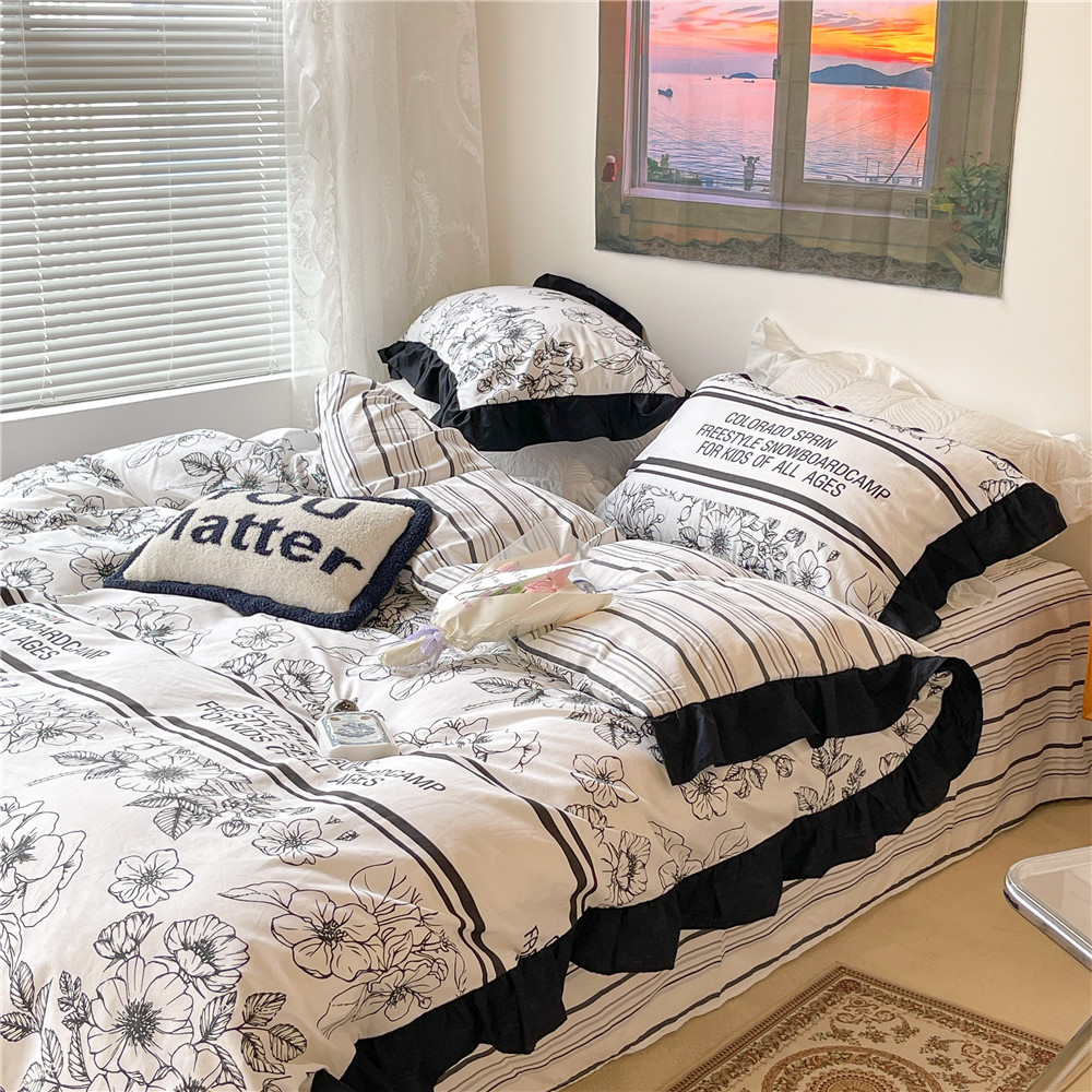 French Hepburn style pure cotton four-piece set, high-end feel, pure cotton black and white sketch flower duvet cover, all-cotton edge bedding pic 21