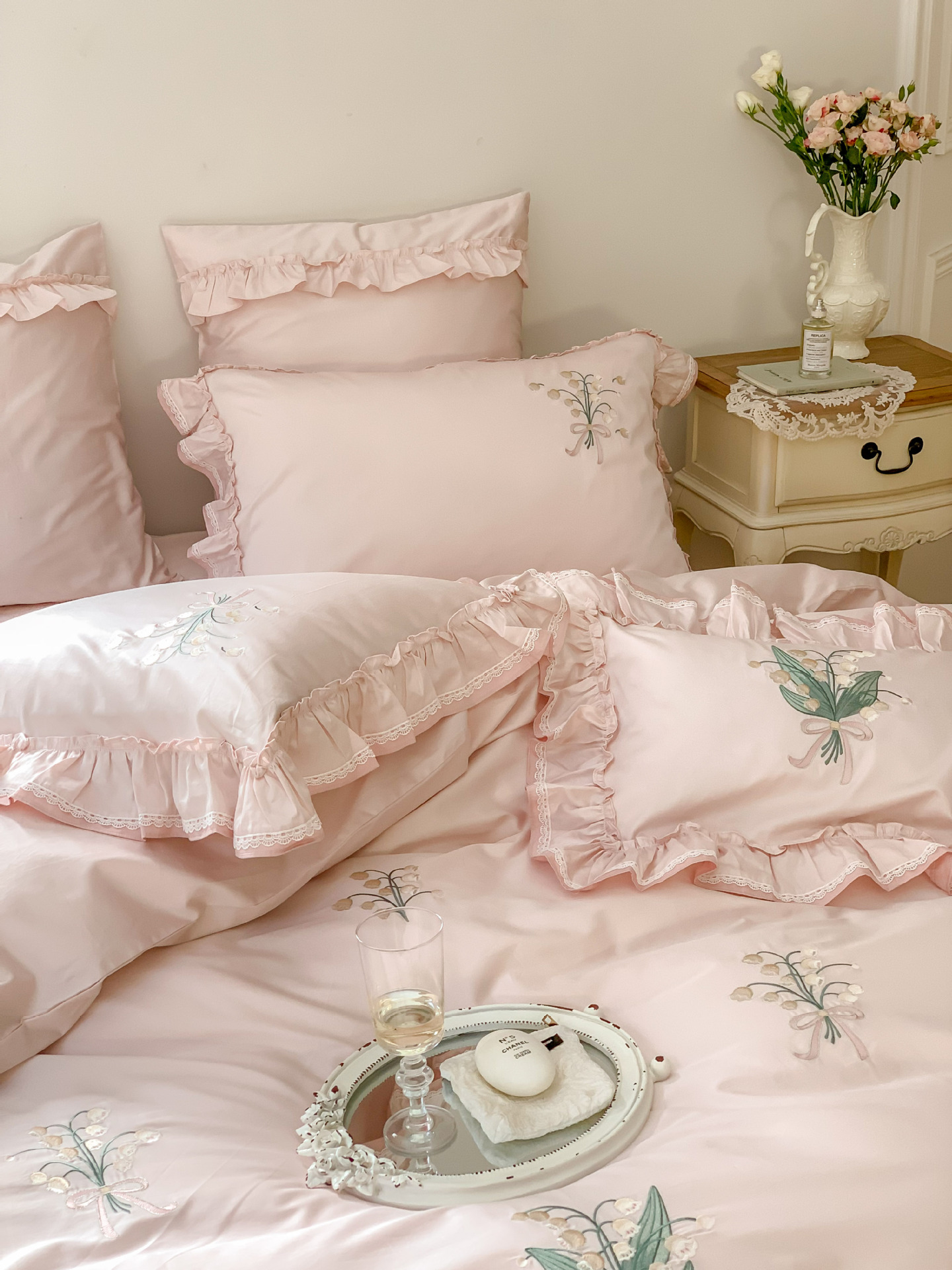 Classical embroidery double-piece natural color fabric with ruffled edges and rounded corners, 100S Australian cotton double-strand Gongbrocade, long-staple cotton four-piece set pic 19