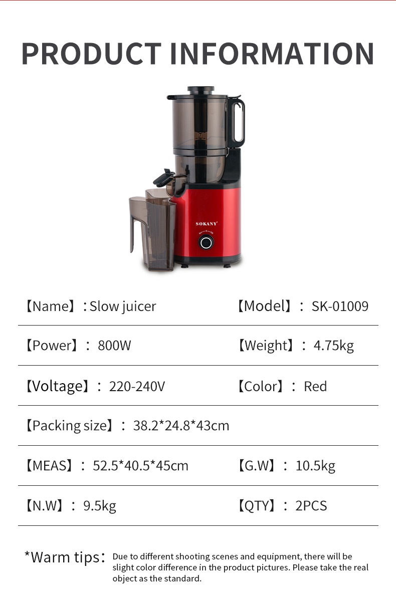 Foreign trade export SOKANY01009 juicer, large-diameter slow juicer, 800W multi-functional household juicer pic 2