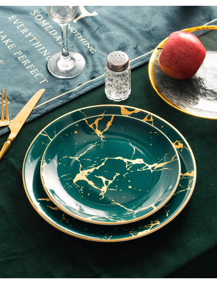 European-style gold-edge tableware, marble-patterned plates, Western plates, steak plates, household tableware, banquet dessert presentation model room pic 14