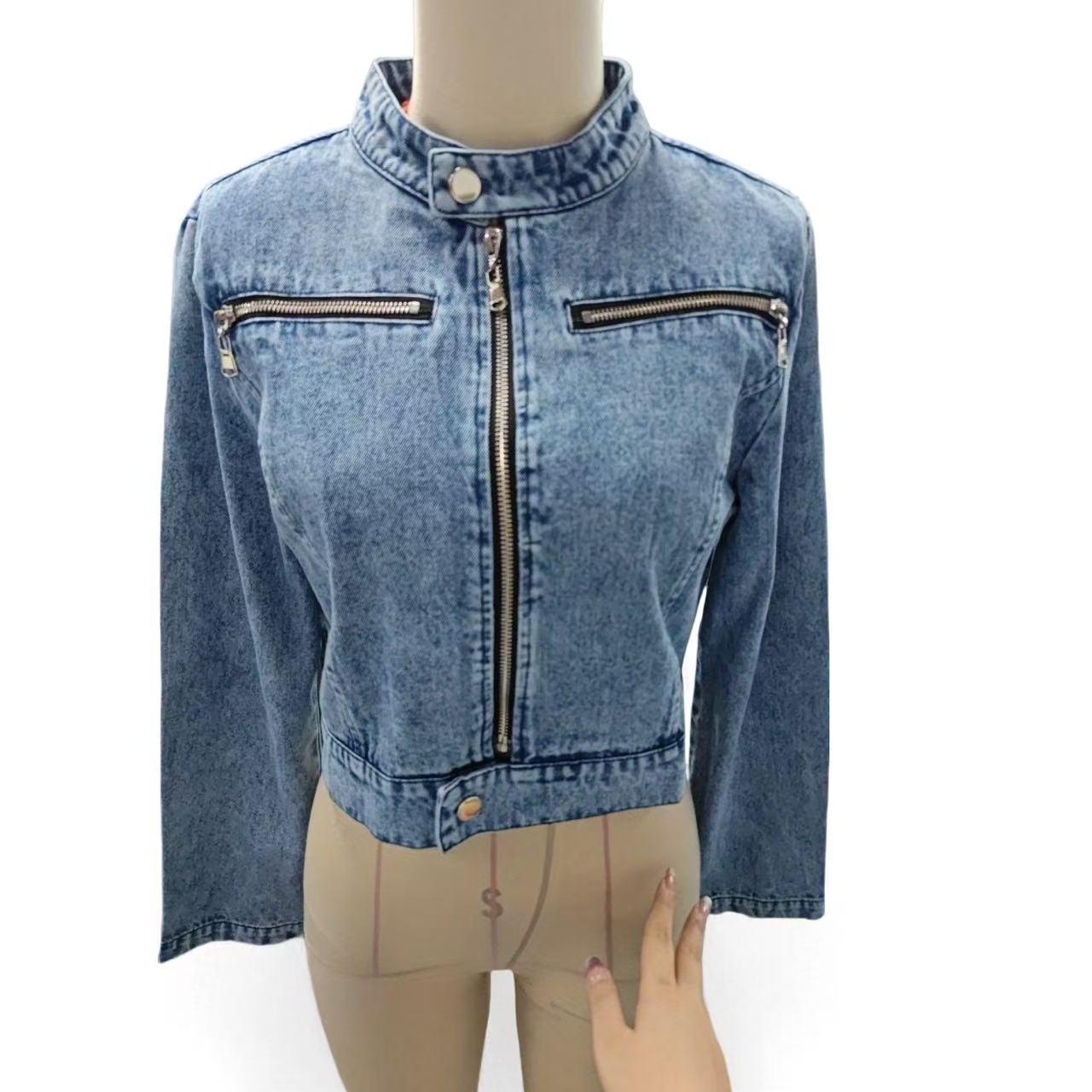 Cross-border European and American fashion design sense denim jacket for women, short denim jacket with zipper pic 4
