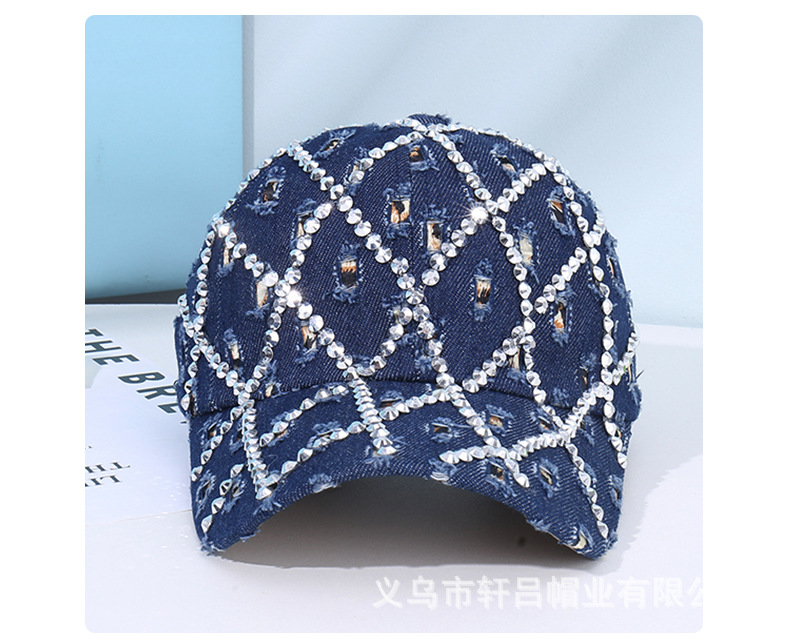 个性潮流牛仔破洞棒球帽时尚水钻菱格鸭舌帽街头潮人遮阳防晒帽子详情22
