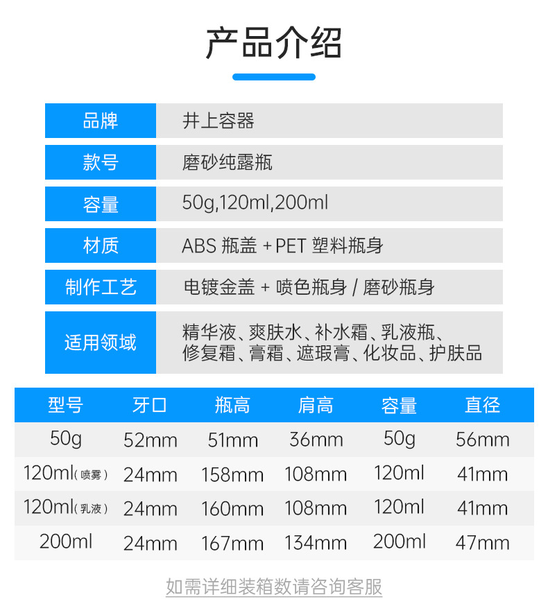 现货120ml磨砂乳液瓶化妆品爽肤水瓶200ml护肤套装pet膏霜瓶50g详情3