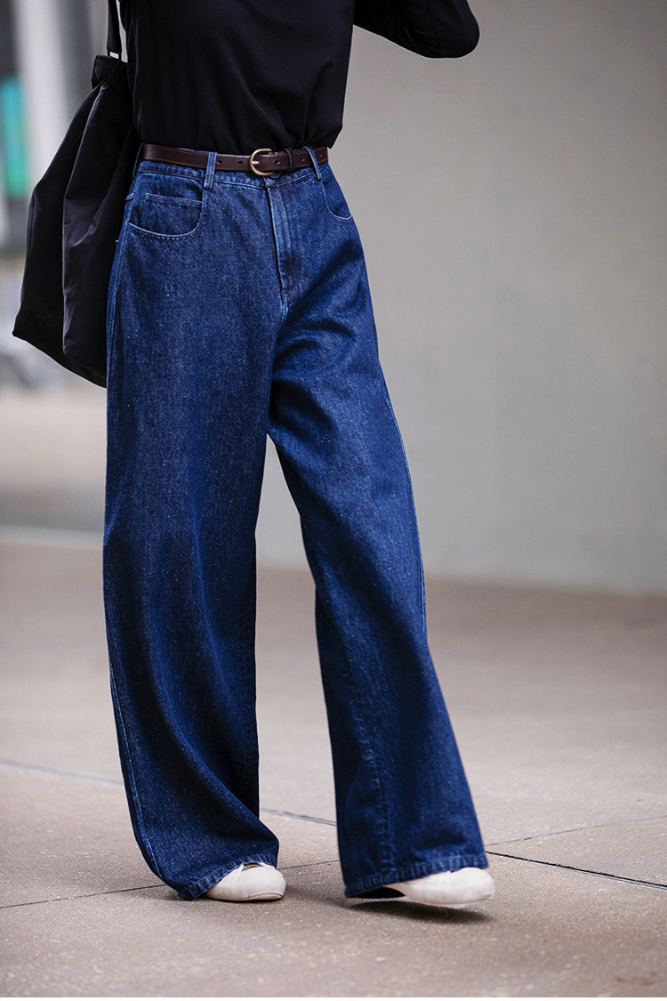 A niche all-season deep indigo blue mid-waisted loose and versatile wide-leg jeans pic 20