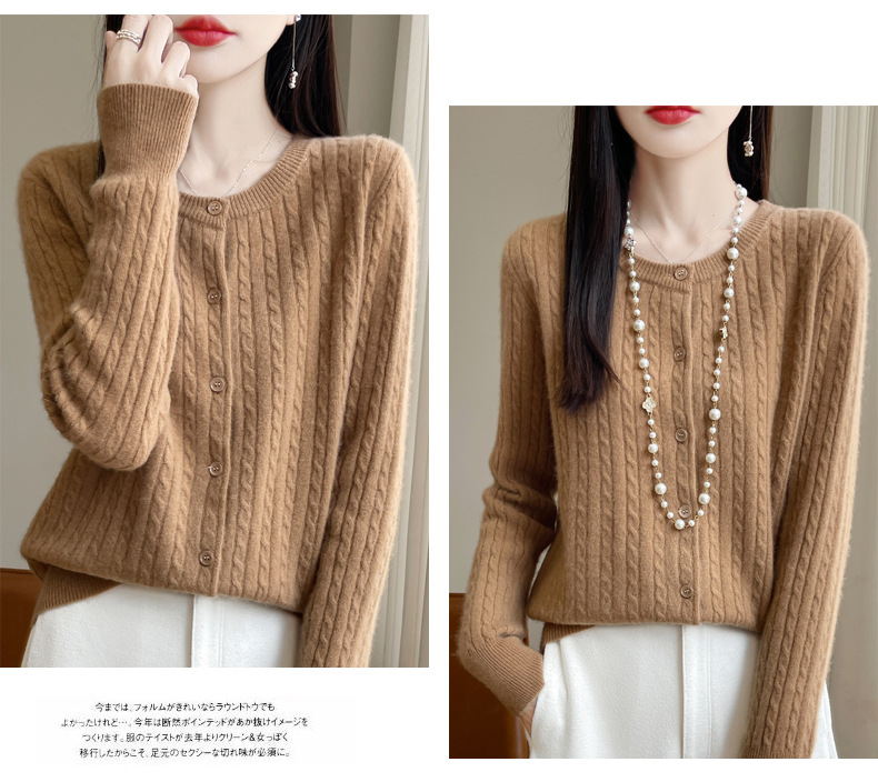 濮院100全羊毛针织毛衣女圆领麻花开衫羊绒外套韩系软糯外穿上衣详情25