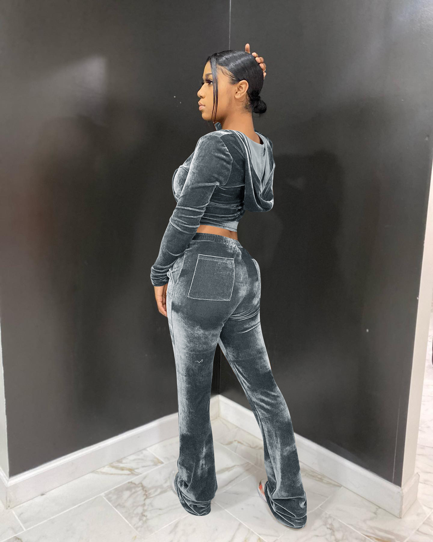 Solid color gold velvet wide-leg pants two-piece set pic 19