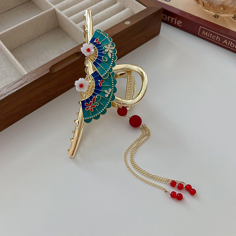 扇子后脑勺花朵流苏抓夹发夹女超仙风复古鲨鱼夹气质发饰梅花红详情7