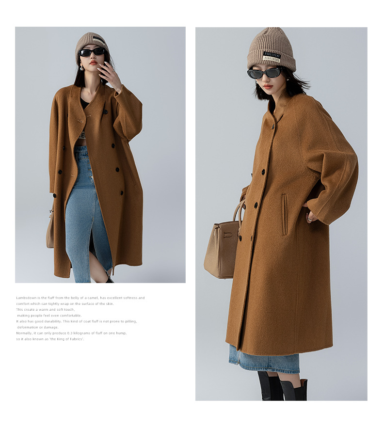 The new stand-up collar double-sided cashmere coat for women in the spring and autumn of 2025 is a long cocoon-shaped alpaca wool woolen coat. It is a popular woolen coat pic 7