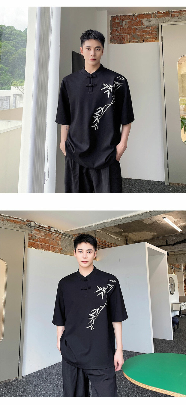 Summer Chinese trend improved Chinese-style button-up T-shirt for men, short-sleeved, niche bamboo embroidery design, retro Chinese style half-sleeved top pic 8