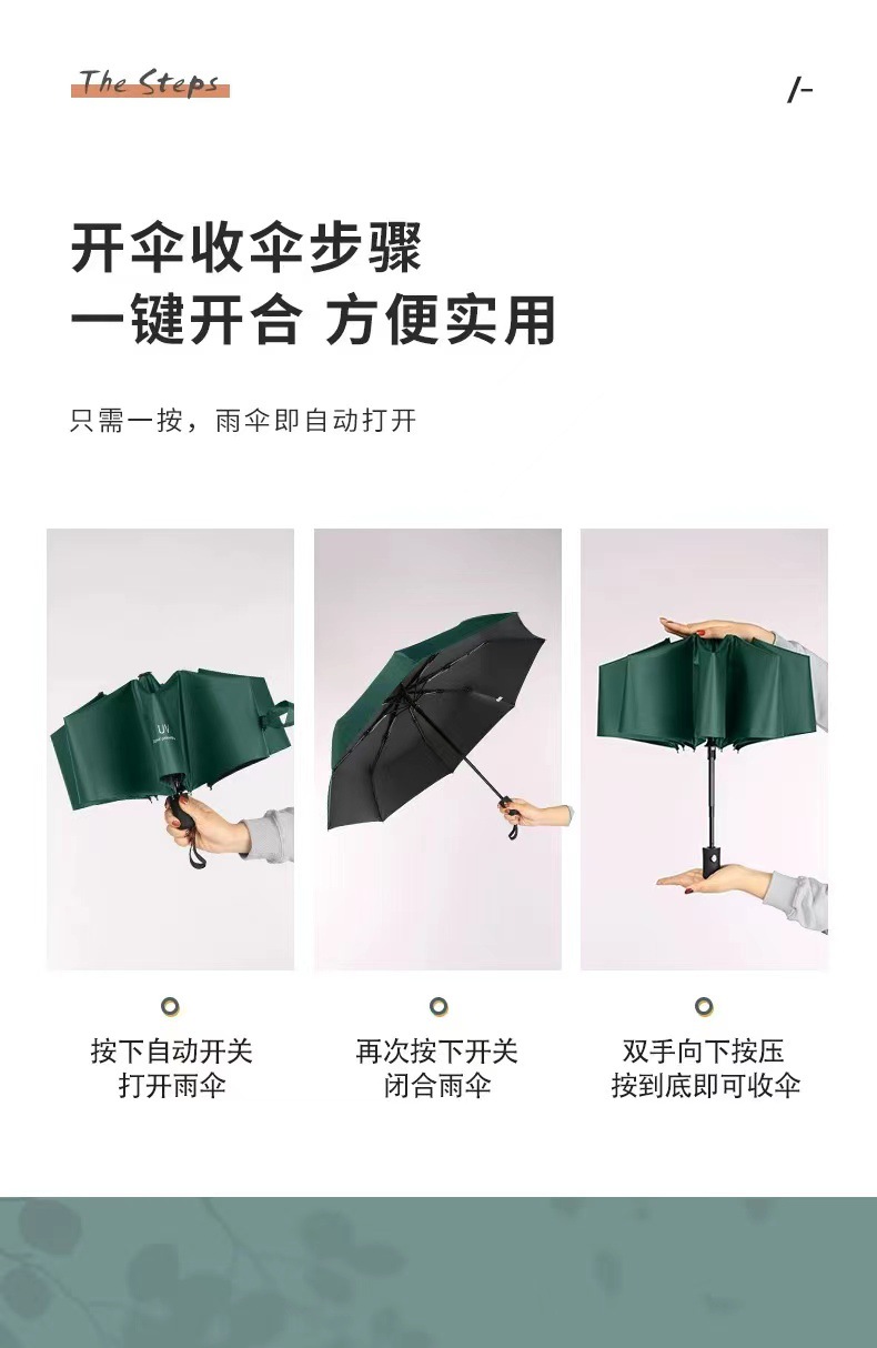 Three-fold fully automatic black rubber sun protection and shade umbrella, all-weather folding sun umbrella, umbrella printed logo advertising umbrella pic 10